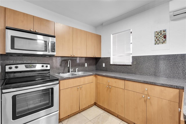 2810 NW 171st Ter, Miami Gardens, FL 33056 - kitchen featuring stainless steel appliances, an AC wall unit, dark countertops, and decorative backsplash