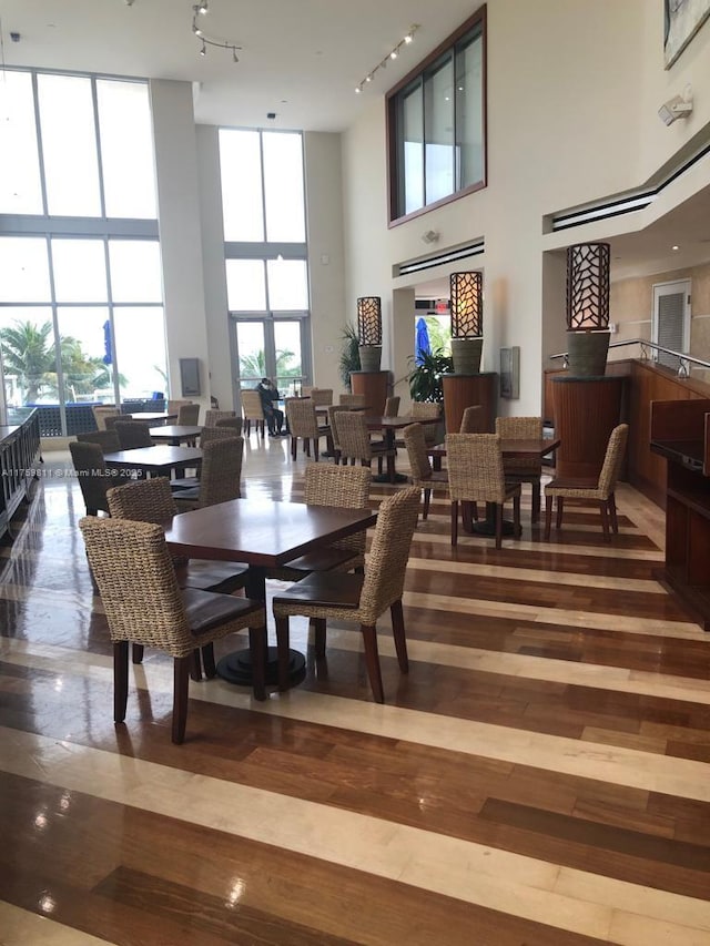 dining space with expansive windows, rail lighting, a towering ceiling, and wood finished floors