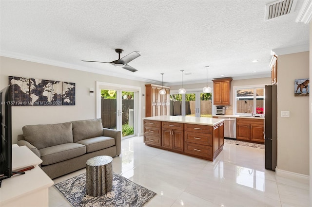 17 Boxwood Rd, Hollywood, FL 33021 - living room with visible vents, ornamental molding, a ceiling fan, and french doors