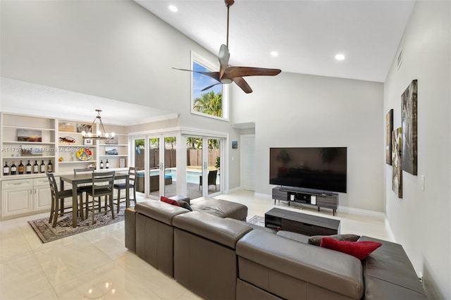 17 Boxwood Rd, Hollywood, FL 33021 - living area with light tile patterned floors, visible vents, high vaulted ceiling, recessed lighting, and ceiling fan with notable chandelier