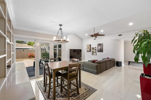 17 Boxwood Rd, Hollywood, FL 33021 - dining room featuring visible vents, lofted ceiling, recessed lighting, ceiling fan with notable chandelier, and a textured ceiling