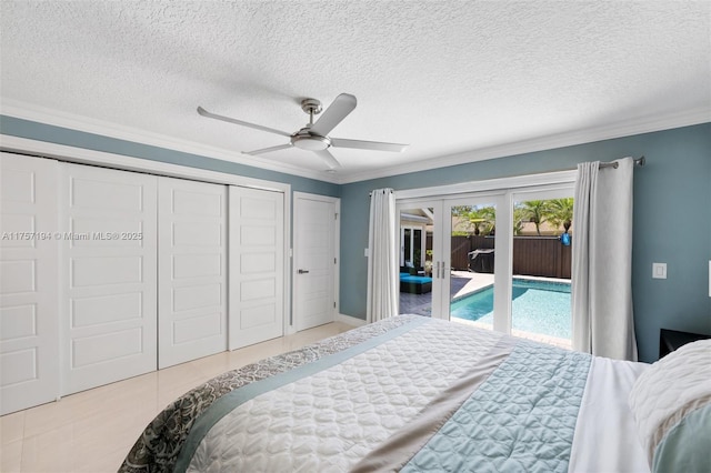 17 Boxwood Rd, Hollywood, FL 33021 - bedroom featuring ornamental molding, access to exterior, a textured ceiling, french doors, and ceiling fan