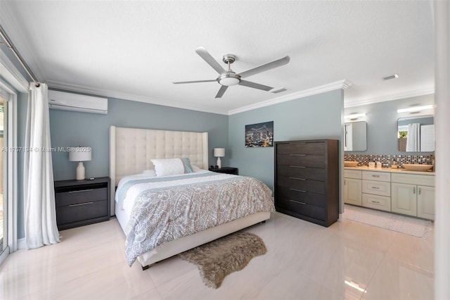 17 Boxwood Rd, Hollywood, FL 33021 - bedroom featuring a wall mounted air conditioner, visible vents, ensuite bath, and ornamental molding
