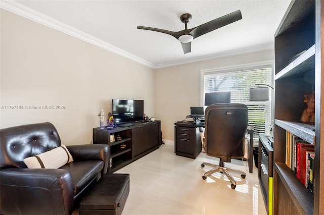 17 Boxwood Rd, Hollywood, FL 33021 - office with a textured ceiling, ceiling fan, and crown molding