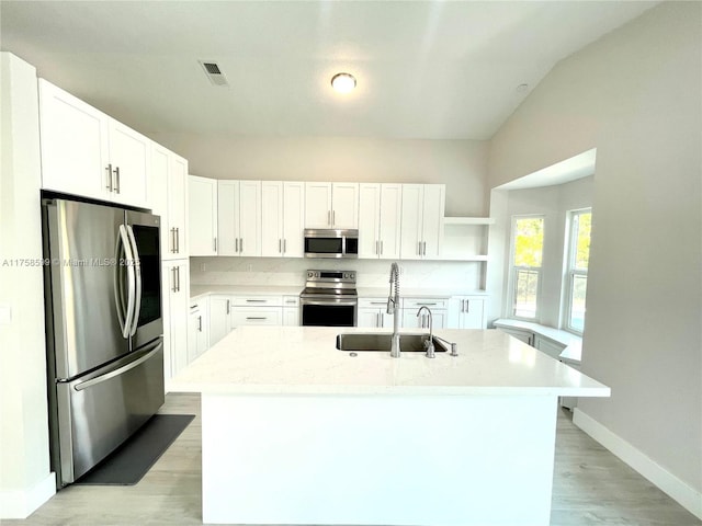 kitchen with open shelves, stainless steel appliances, visible vents, white cabinets, and a sink