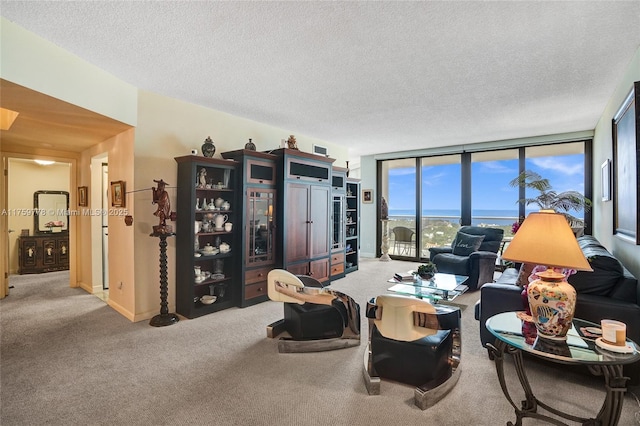 living area with expansive windows, baseboards, carpet, and a textured ceiling