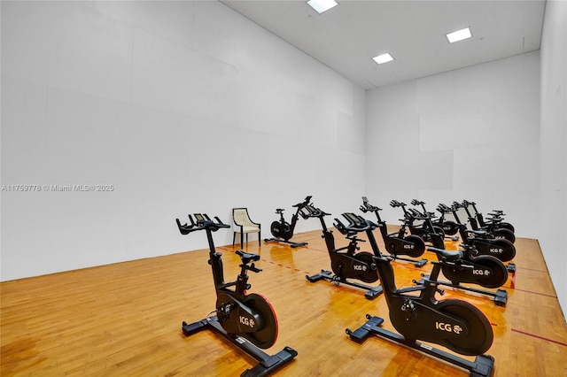 exercise room featuring a high ceiling and wood finished floors