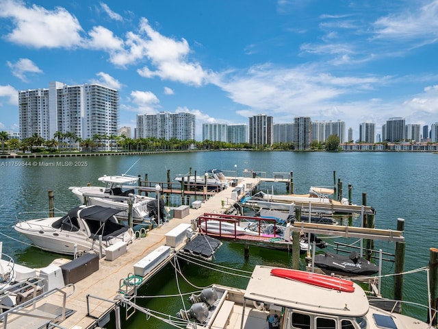 view of dock featuring a view of city and a water view