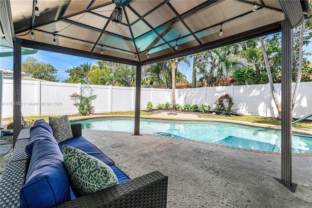 view of pool featuring a gazebo, a patio, a fenced backyard, and a fenced in pool