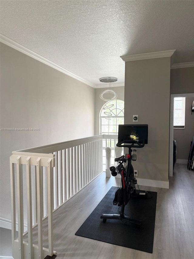 workout area with a textured ceiling, baseboards, wood finished floors, and crown molding