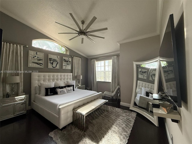 bedroom with vaulted ceiling, dark wood-type flooring, a textured ceiling, and crown molding