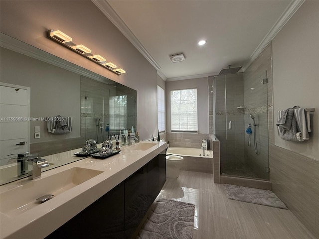 bathroom featuring a bath, a stall shower, ornamental molding, and a sink