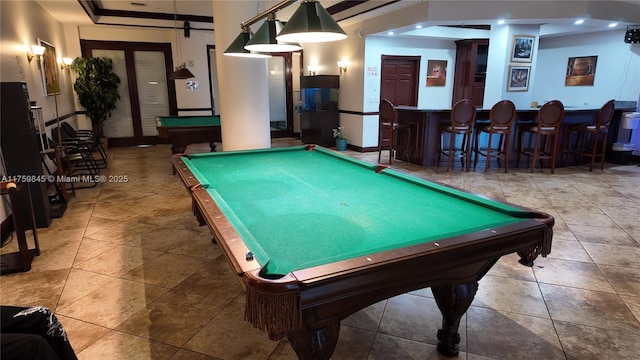 game room featuring tile patterned floors, recessed lighting, pool table, and wet bar