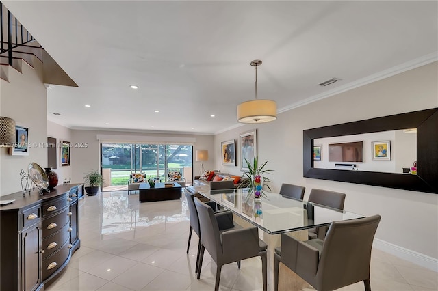 dining room featuring light tile patterned floors, recessed lighting, visible vents, baseboards, and ornamental molding