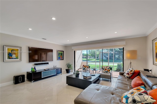 living area with baseboards, recessed lighting, light tile patterned flooring, and crown molding