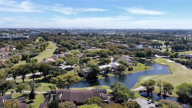 bird's eye view featuring a water view and golf course view