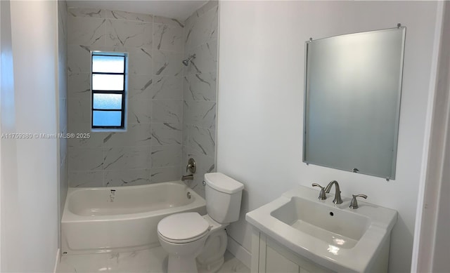 full bathroom featuring marble finish floor, toilet, vanity, and  shower combination