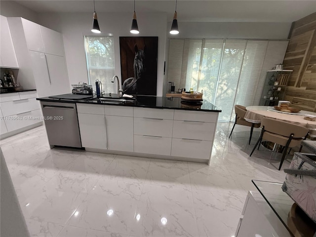 kitchen with a sink, white cabinets, dishwasher, modern cabinets, and marble finish floor