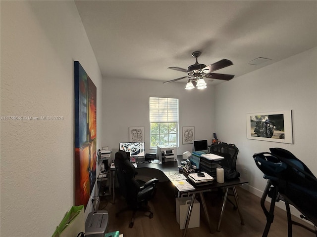 office space featuring wood finished floors, baseboards, and ceiling fan