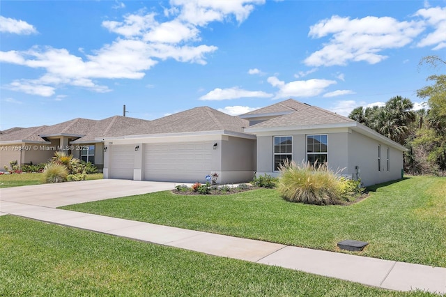 view of front facade featuring a front lawn, concrete driveway, roof with shingles, stucco siding, and a garage