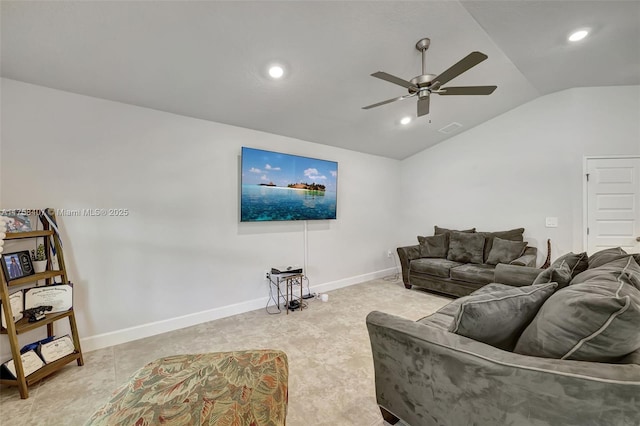5338 Lugo St, Fort Pierce, FL 34951 - living room featuring a ceiling fan, baseboards, visible vents, lofted ceiling, and recessed lighting