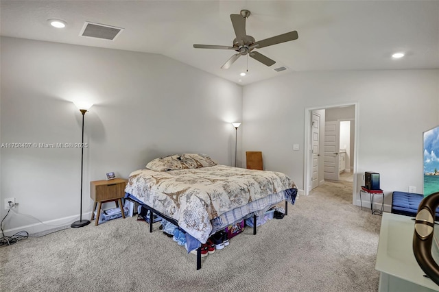 5338 Lugo St, Fort Pierce, FL 34951 - bedroom featuring visible vents, ceiling fan, baseboards, vaulted ceiling, and light carpet