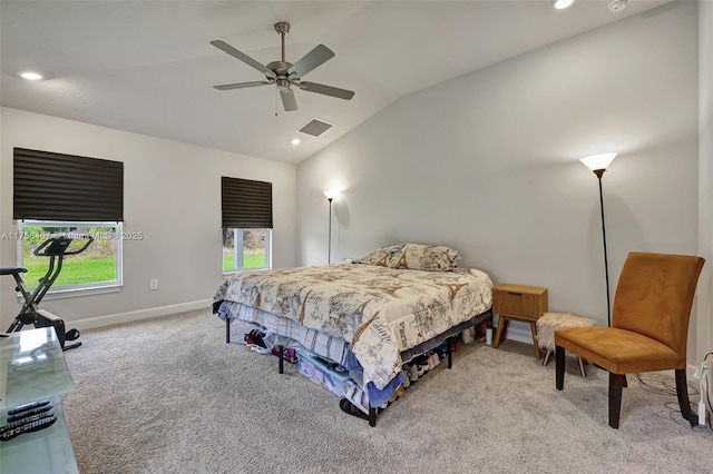 5338 Lugo St, Fort Pierce, FL 34951 - bedroom with visible vents, ceiling fan, baseboards, carpet, and vaulted ceiling