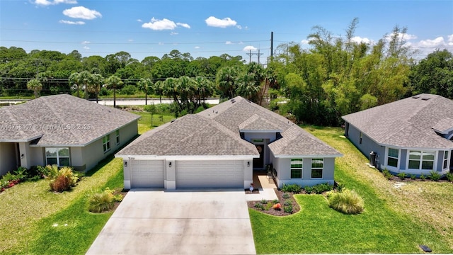 5338 Lugo St, Fort Pierce, FL 34951 - ranch-style home with stucco siding, an attached garage, concrete driveway, and a front lawn
