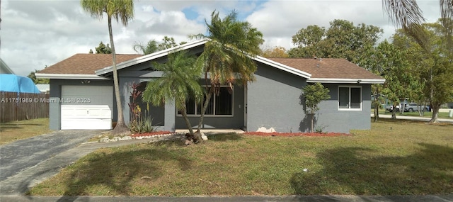 ranch-style house featuring a front lawn, fence, stucco siding, a garage, and driveway