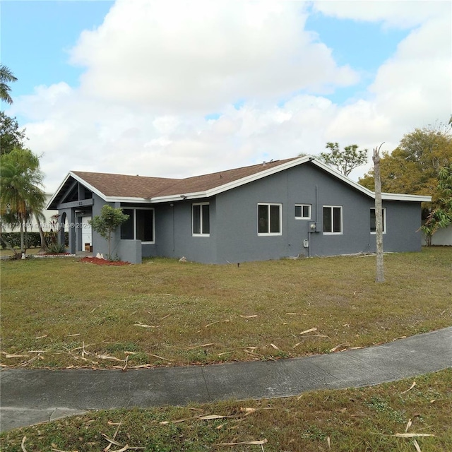 single story home featuring a front lawn and stucco siding