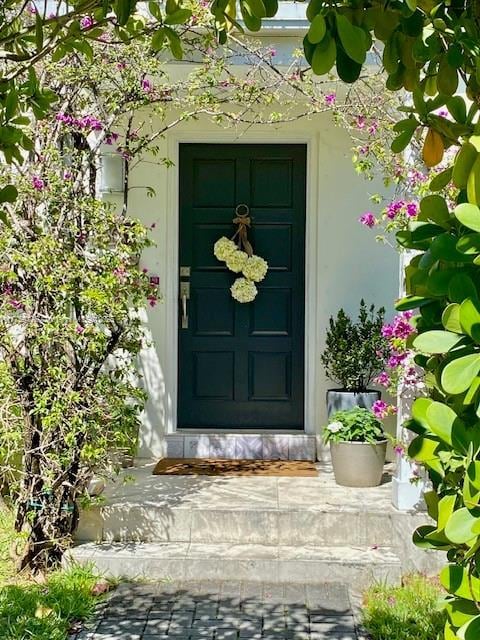 entrance to property with stucco siding