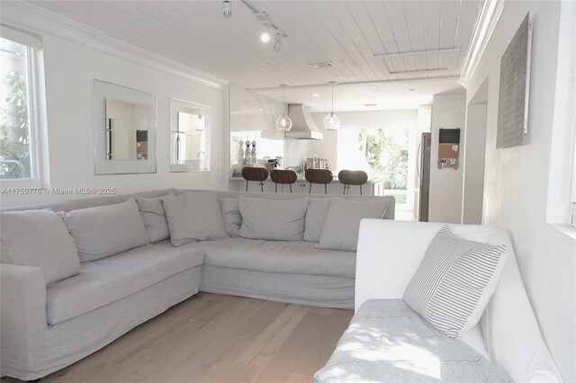 living room with wooden ceiling, rail lighting, crown molding, and light wood-style flooring