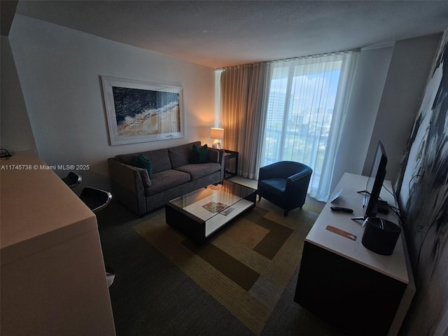 living area featuring carpet