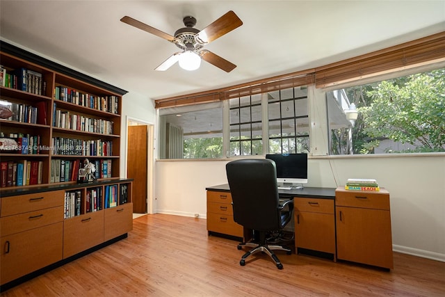 office area featuring baseboards, plenty of natural light, and light wood finished floors