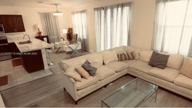 living room with light wood-style flooring and a healthy amount of sunlight