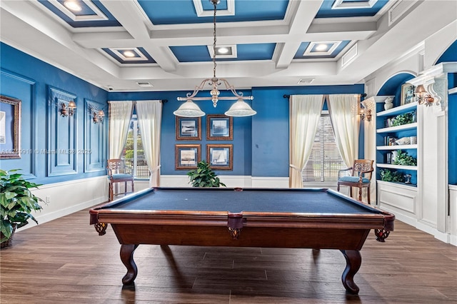 rec room featuring beam ceiling, wood finished floors, and coffered ceiling