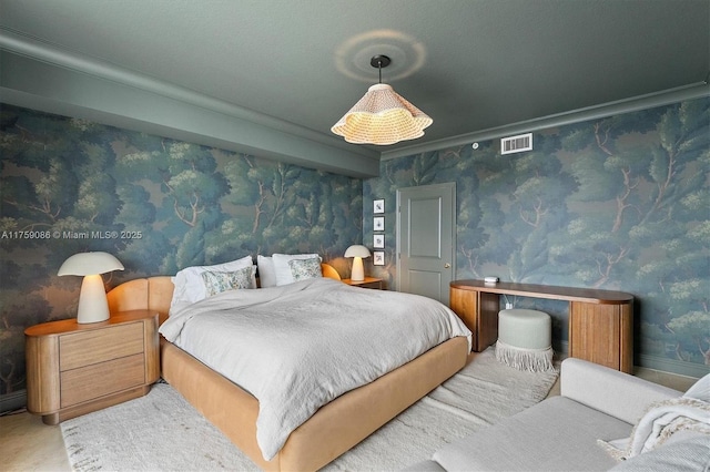 carpeted bedroom featuring wallpapered walls, baseboards, and visible vents