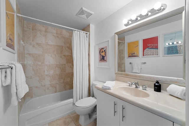 bathroom featuring visible vents, toilet, tile patterned floors, shower / bath combination with curtain, and vanity