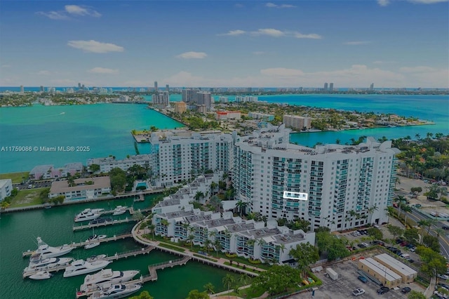 aerial view featuring a city view and a water view