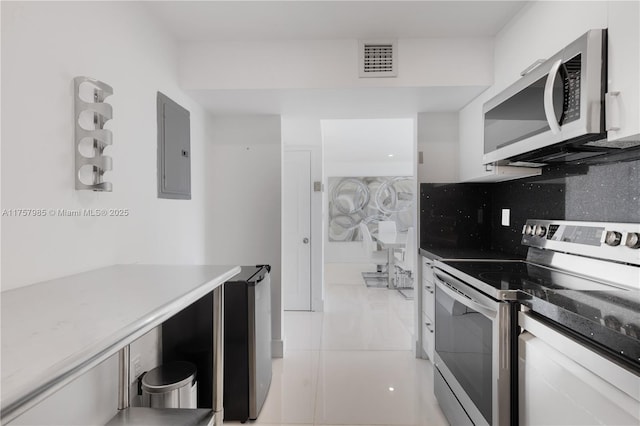 kitchen featuring visible vents, electric panel, appliances with stainless steel finishes, white cabinetry, and backsplash