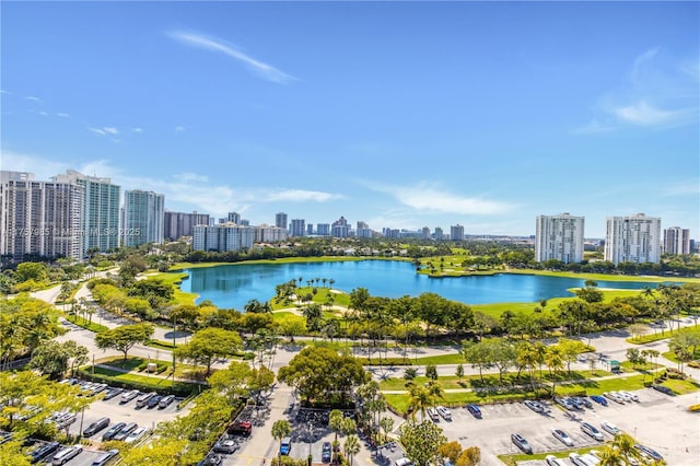 aerial view with a city view and a water view