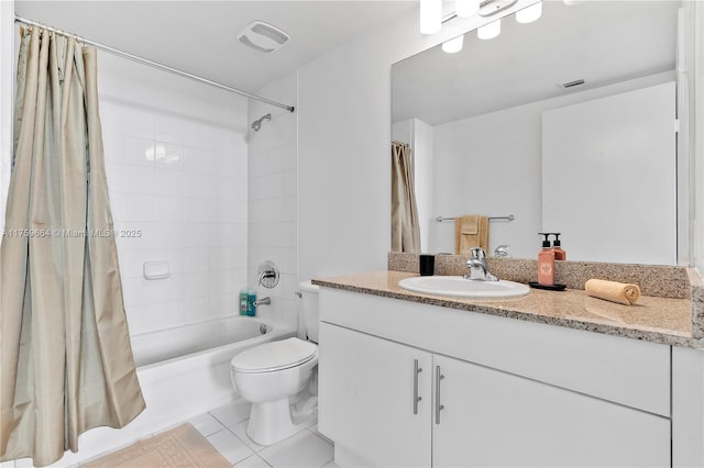 full bath featuring tile patterned floors, vanity, toilet, and shower / tub combo with curtain