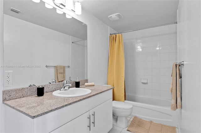 bathroom with tile patterned flooring, visible vents, toilet, shower / bath combo, and vanity