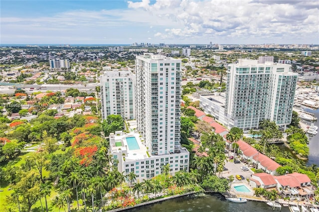 bird's eye view featuring a city view and a water view