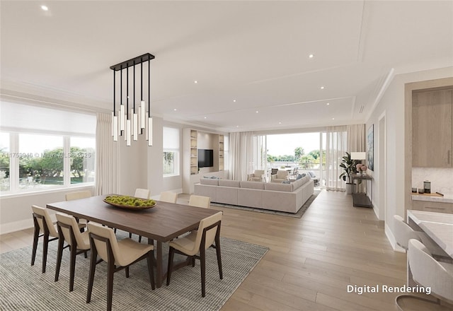 dining space featuring crown molding, recessed lighting, baseboards, and light wood-type flooring