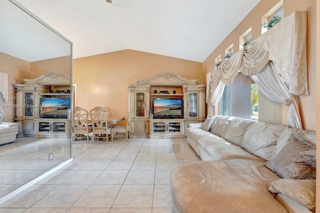 tiled living room with vaulted ceiling