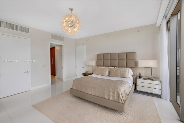 tiled bedroom with visible vents, baseboards, and an inviting chandelier