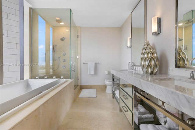 bathroom with toilet, a sink, a tile shower, tile patterned flooring, and tiled tub