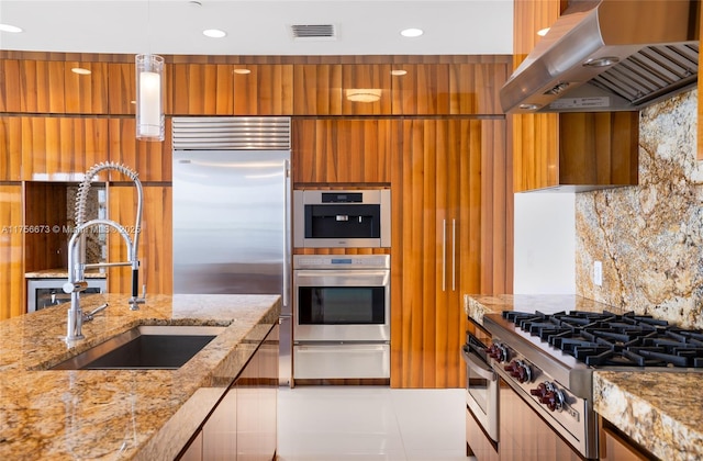 kitchen featuring a sink, appliances with stainless steel finishes, ventilation hood, and modern cabinets