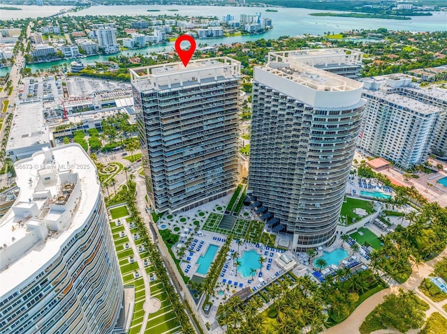 bird's eye view with a view of city and a water view